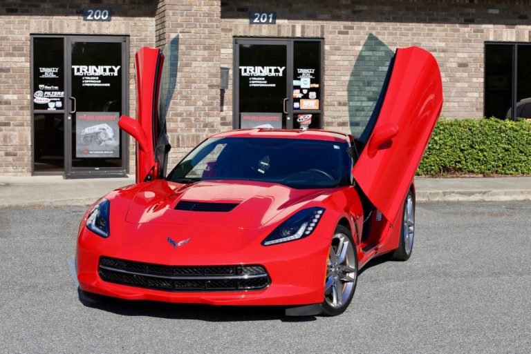 red_c7_corvette_stingray_vertical_lambo_doors_front Trinity Motorsports