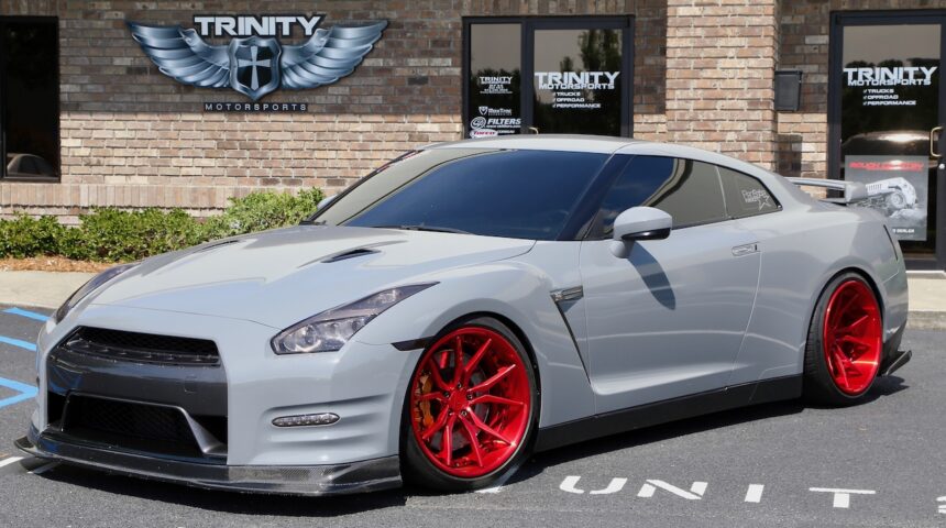 Nissan GT-R custom red 20-in wheels, Michelin tires and coilovers
